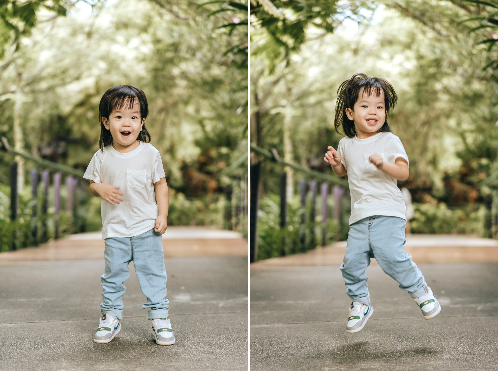 Cheeky boy reacting to his father's prompts.