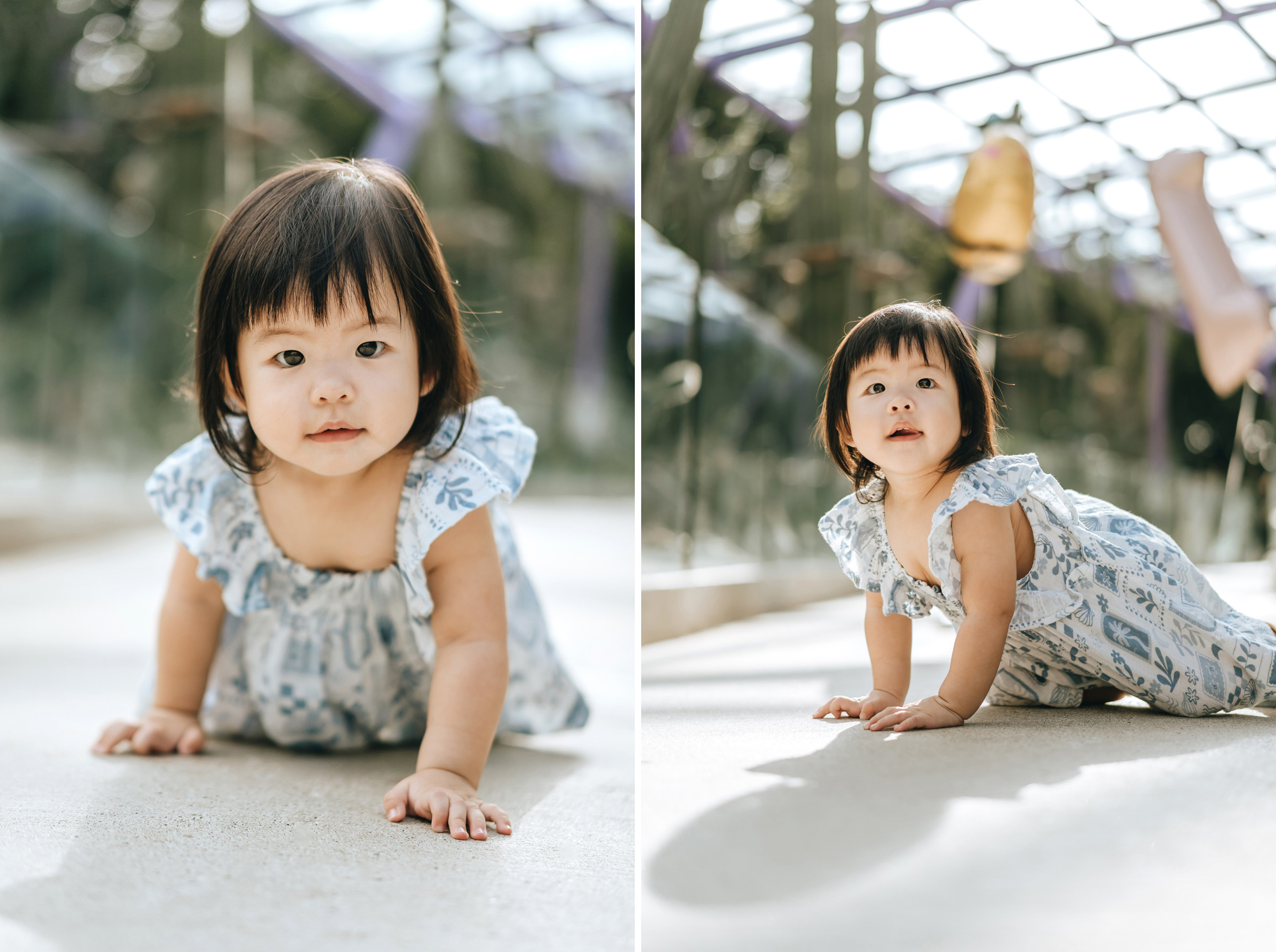 Baby girl crawling on the ground.