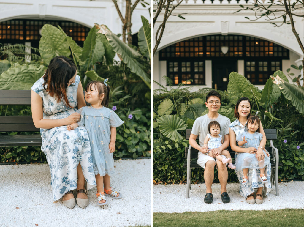 Family photos taken at the Raffle Hotel garden bench.