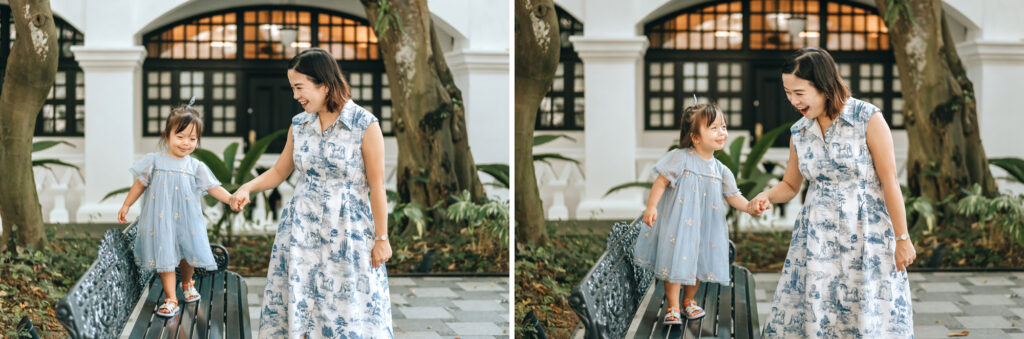 Mother and daughter photo taken at a bench at the Raffles Hotel.