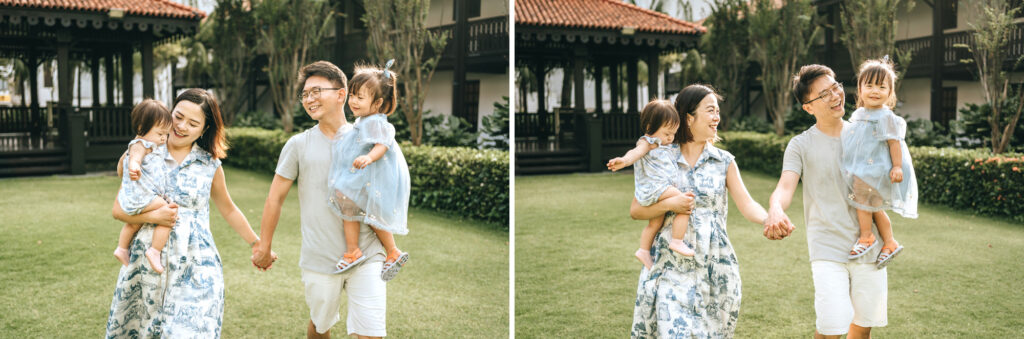 Photo of a happy family taken at the Raffles Hotel Lawn.