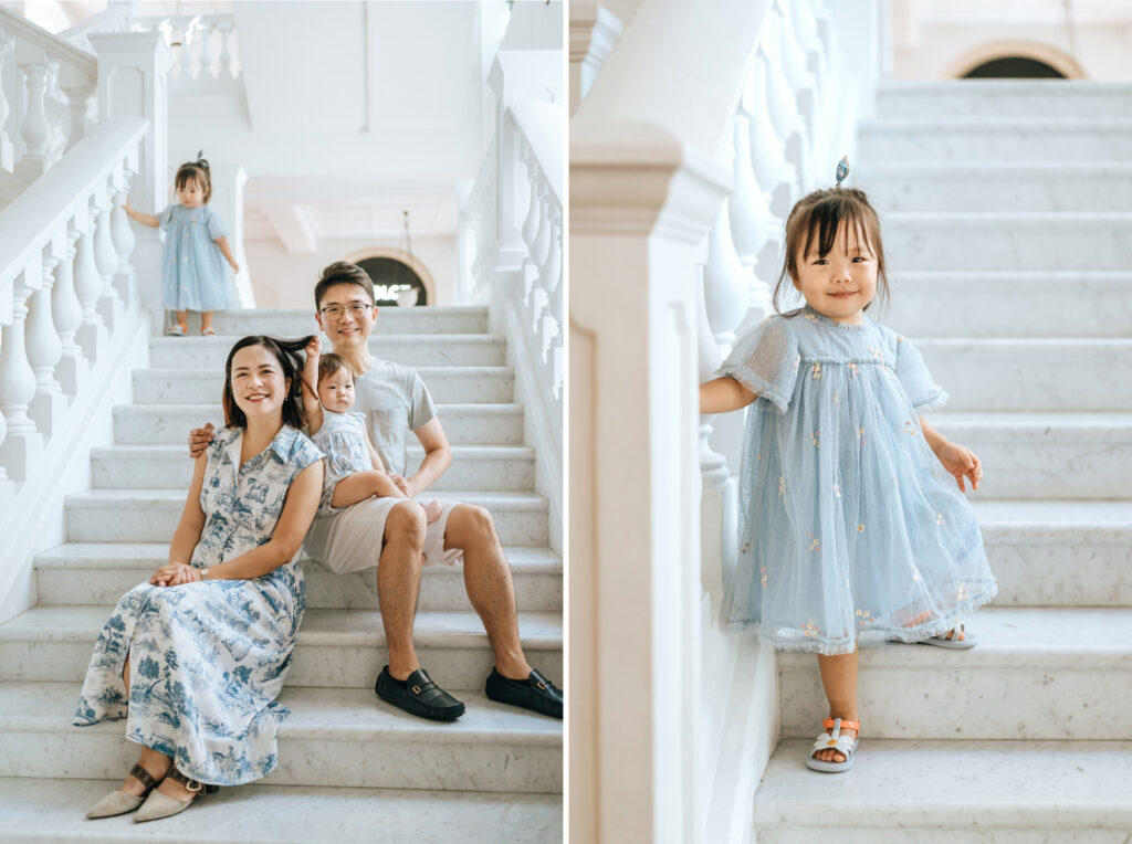 Family photo taken at the white marble staircase of the Raffles Hotel.