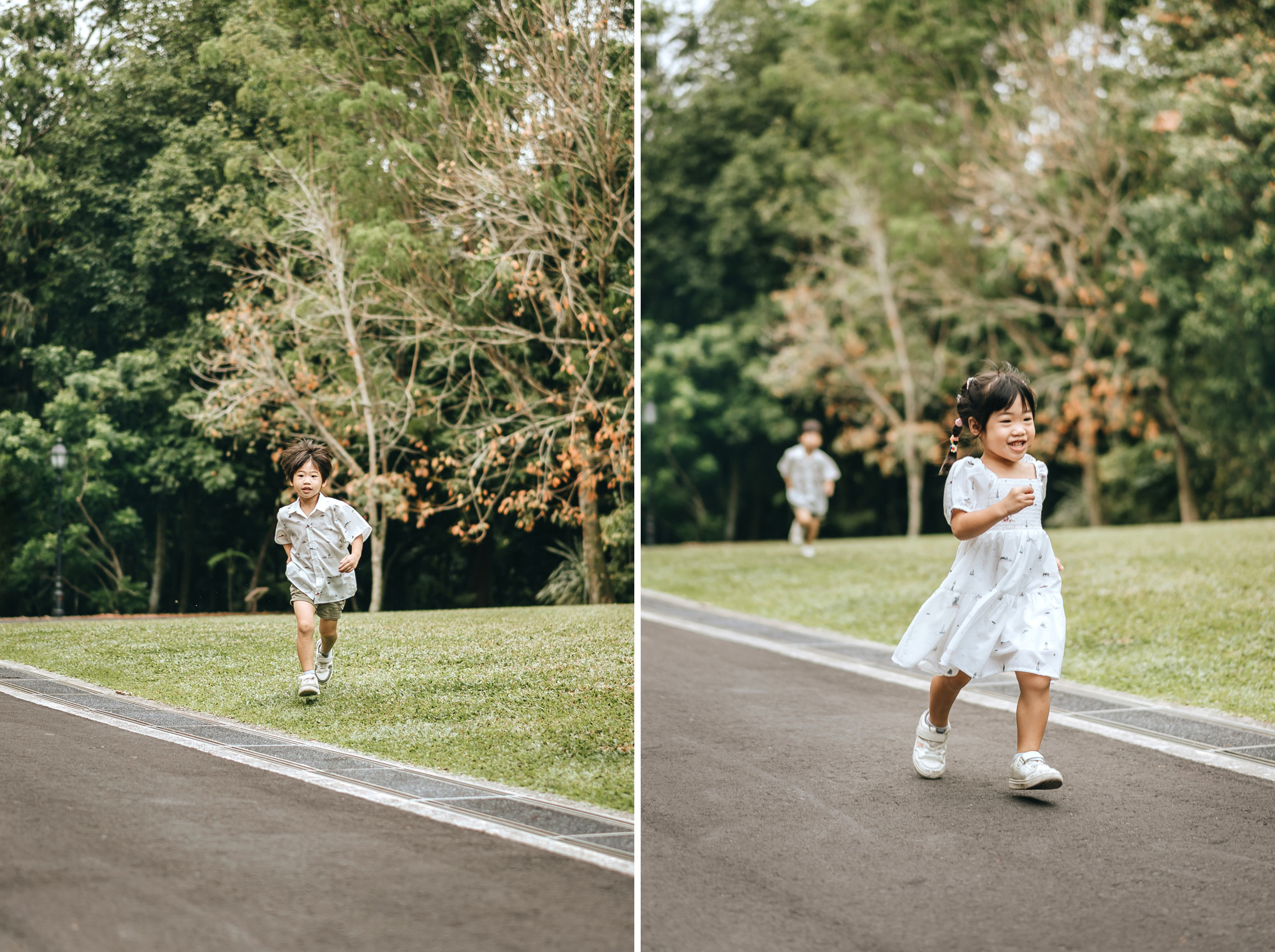 kids running during family photo shoot at singapore botanic gardens