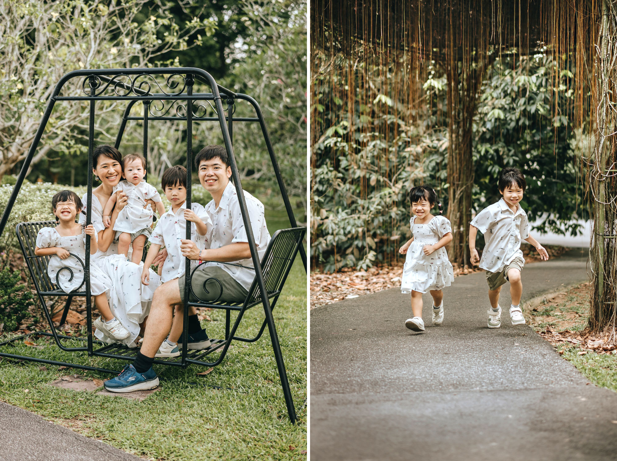 family sitting on a swing and kids running during family photo shoot at singapore botanic gardens