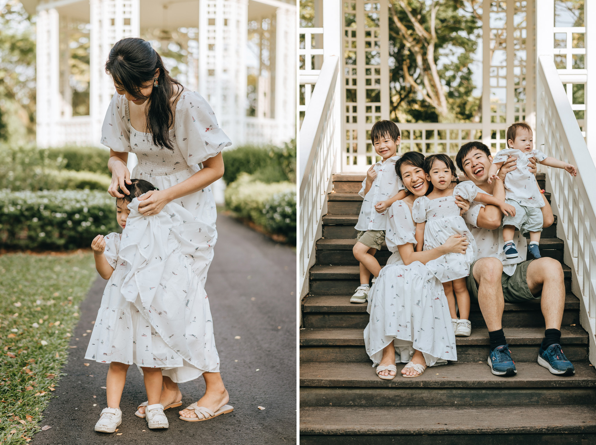 family sitting together at the band stand at the Singapore botanic gardens