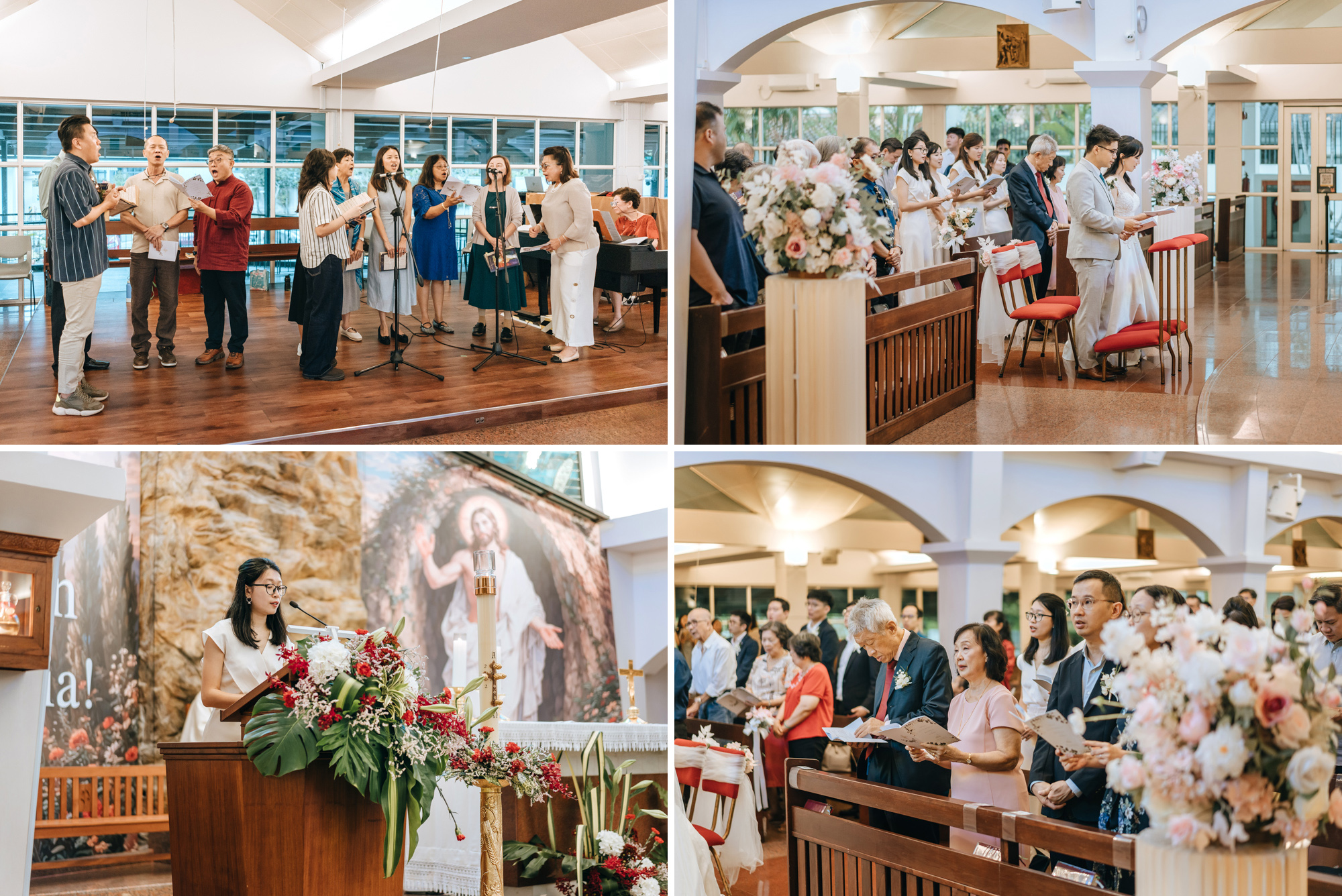 a collage of photos featuring the choir, the couple singing, bridesmaid reading a verse and the congregation praying