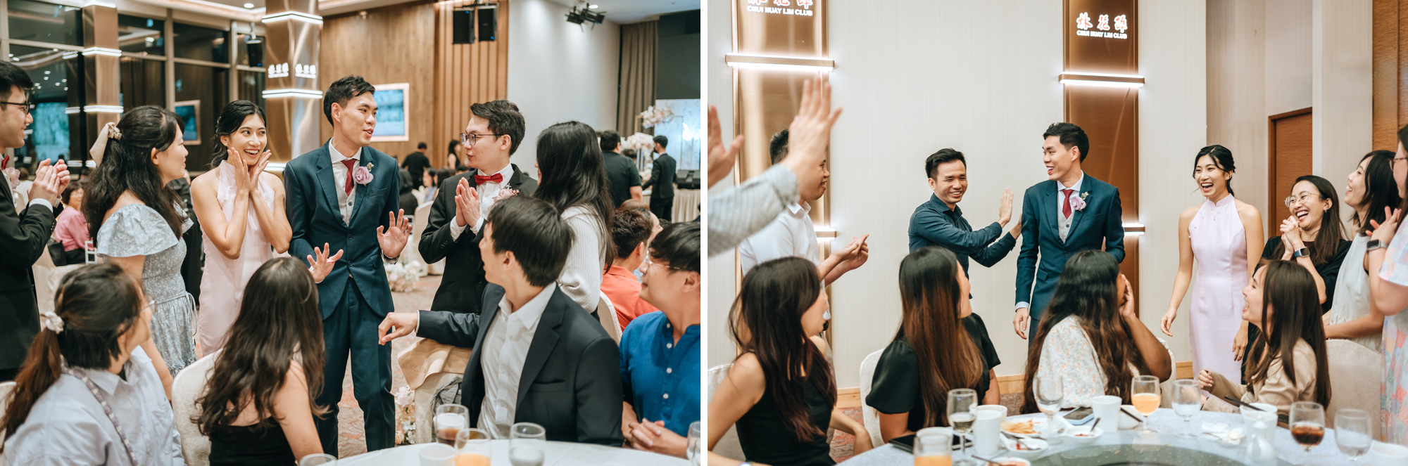 wedding couple mingles with the guests