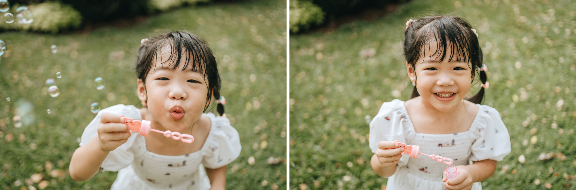 girl blowing bubbles at the camera
